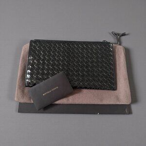 BOTTEGA VENETA Intrecciato Black Leather Zip Clutch Pouch with Box